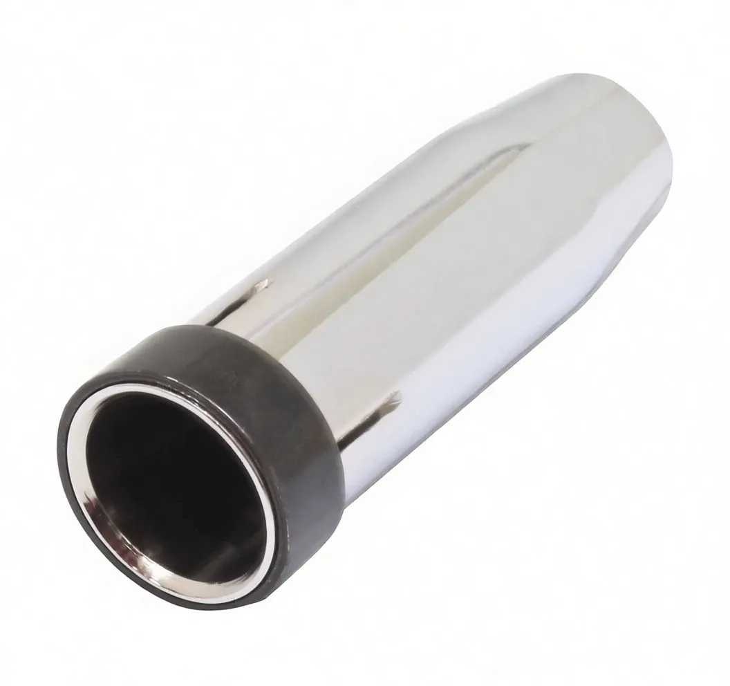 Rear view showing black retention collar with slots and internal tabs on chrome MIG/MAG welding nozzle