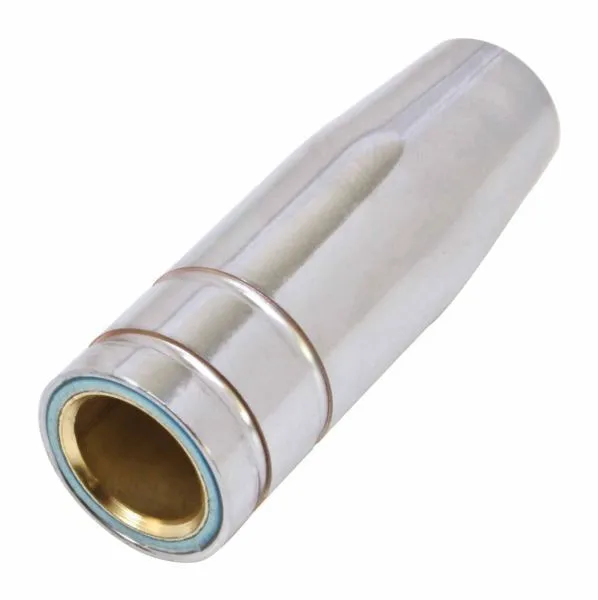 Rear view of silver welding nozzle with visible brass liner and blue insulating ring at base