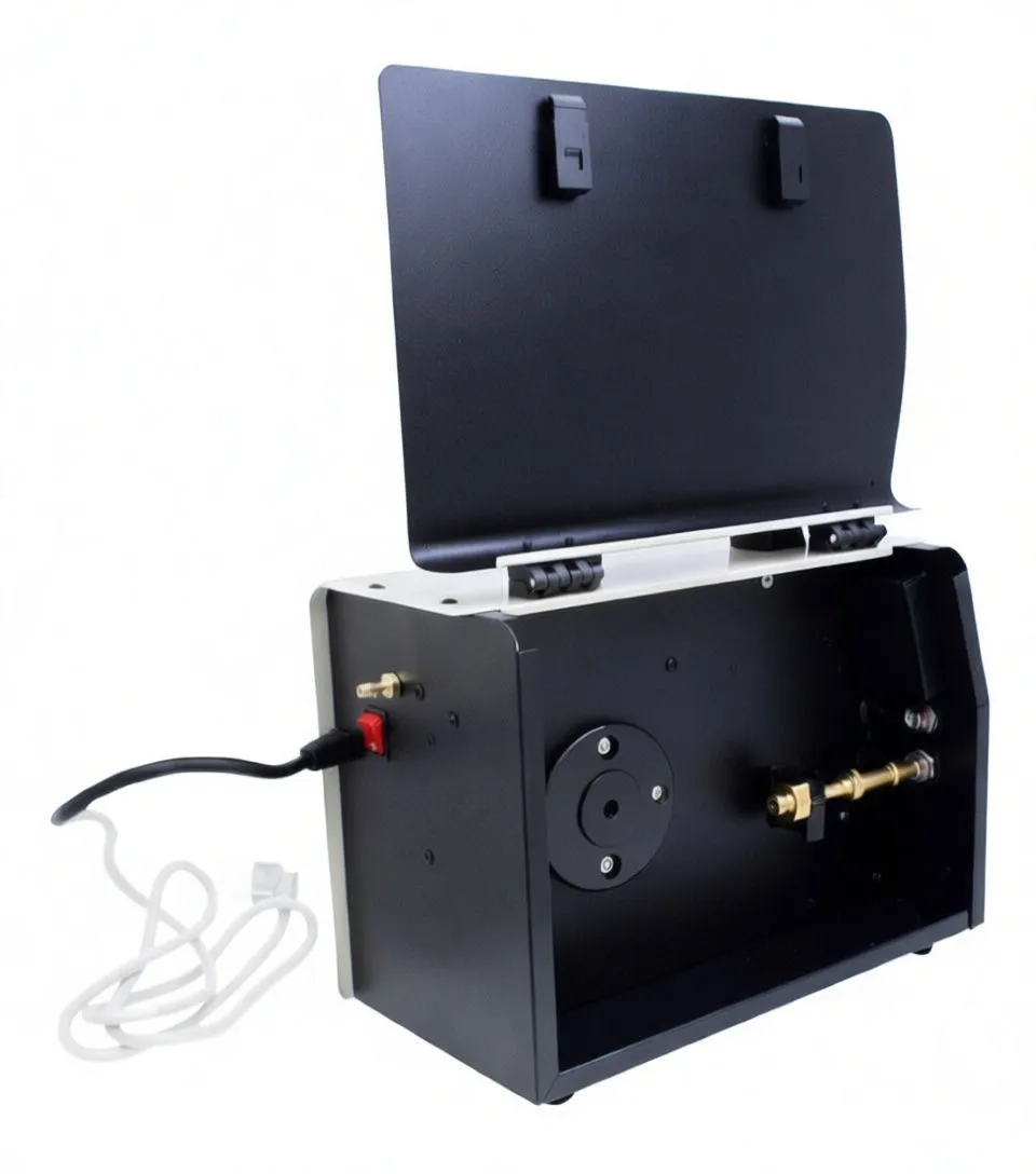 Close-up inside the spool compartment showing drive rollers, motor/gear assembly, spindle and terminal posts