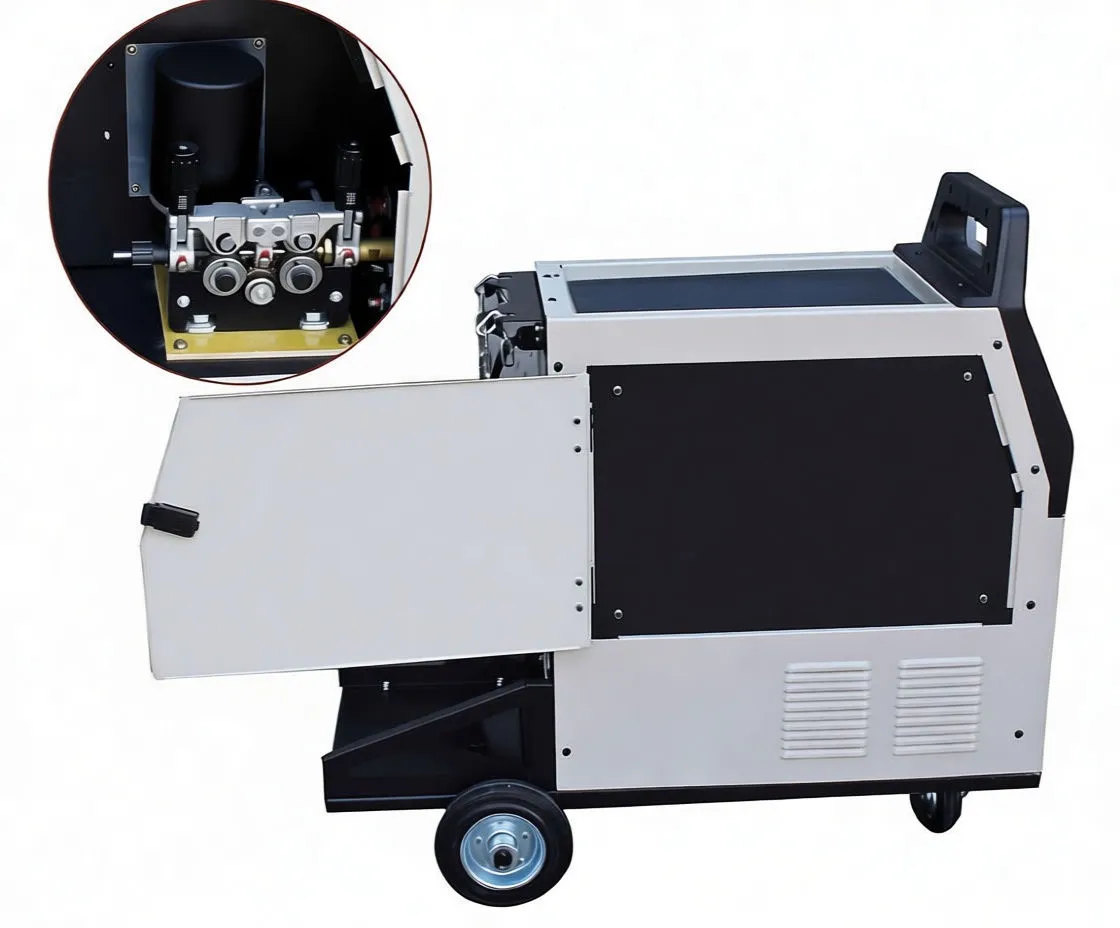 Rear of welding machine showing fan grill, specification plate, metal chain and power cable on trolley