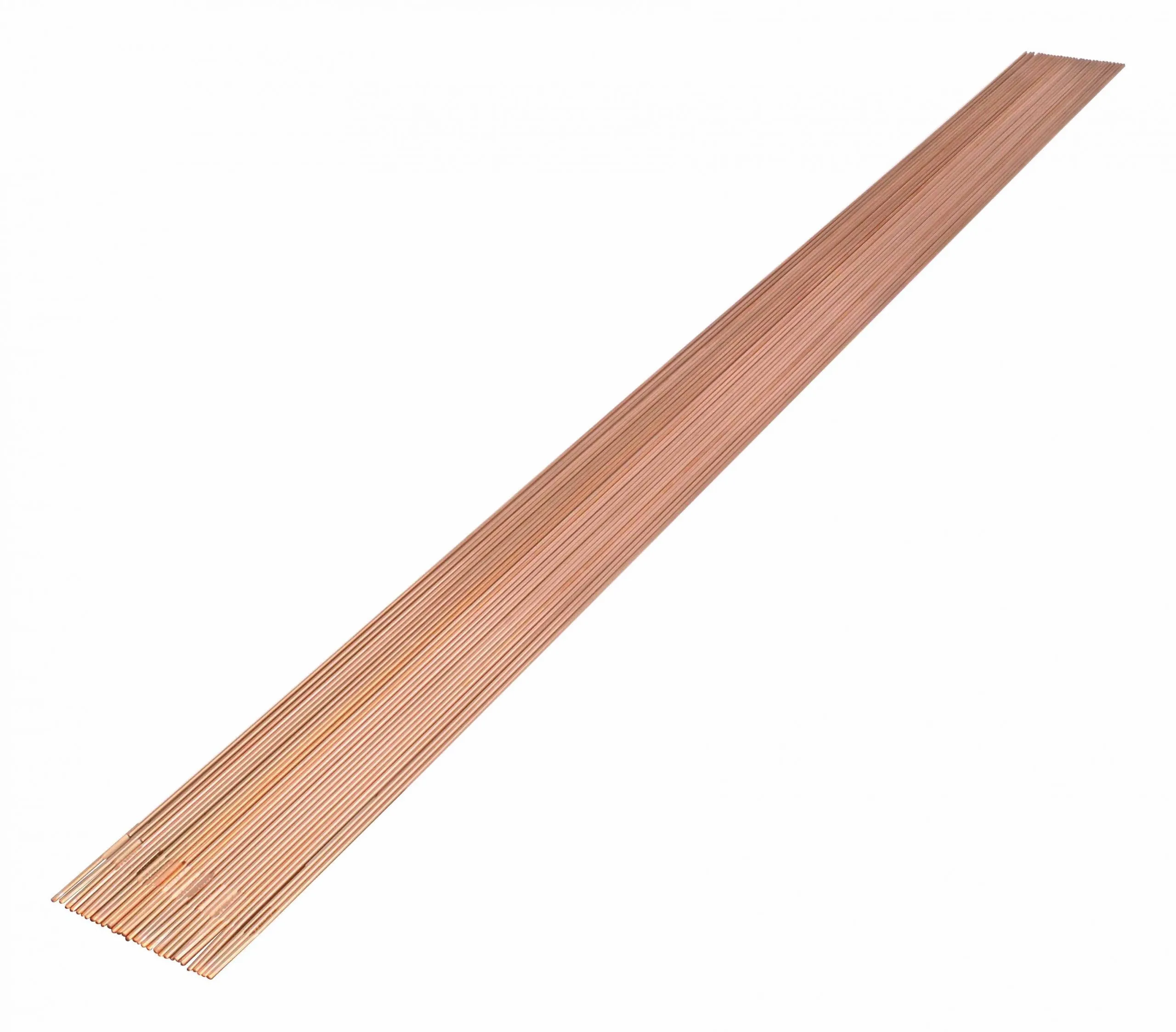 Multiple copper-coated steel welding rods laid out in parallel on a white background