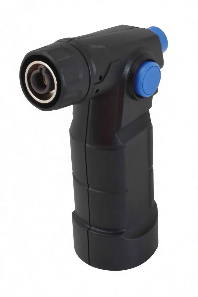 Front-facing side profile of black torch showing blue control button and ASTA logo