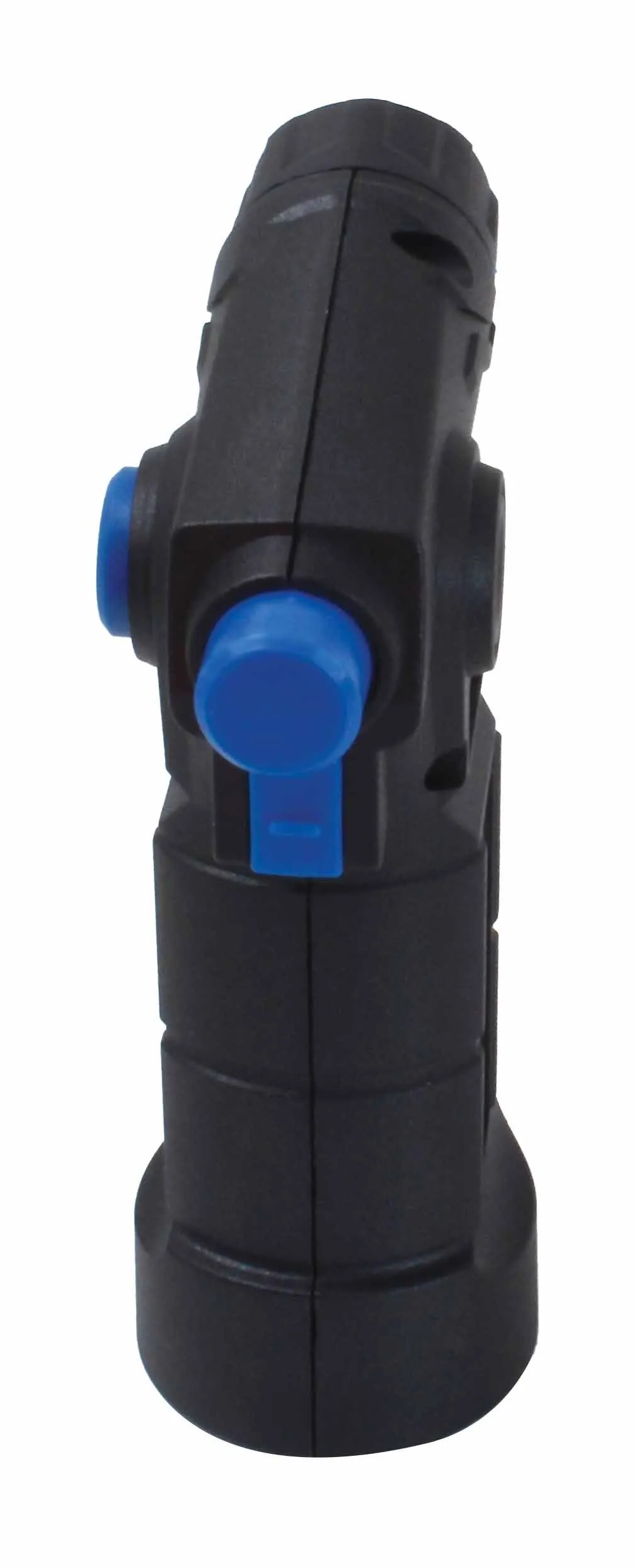 Rear/top view of torch showing blue push-button and safety slider on black plastic body
