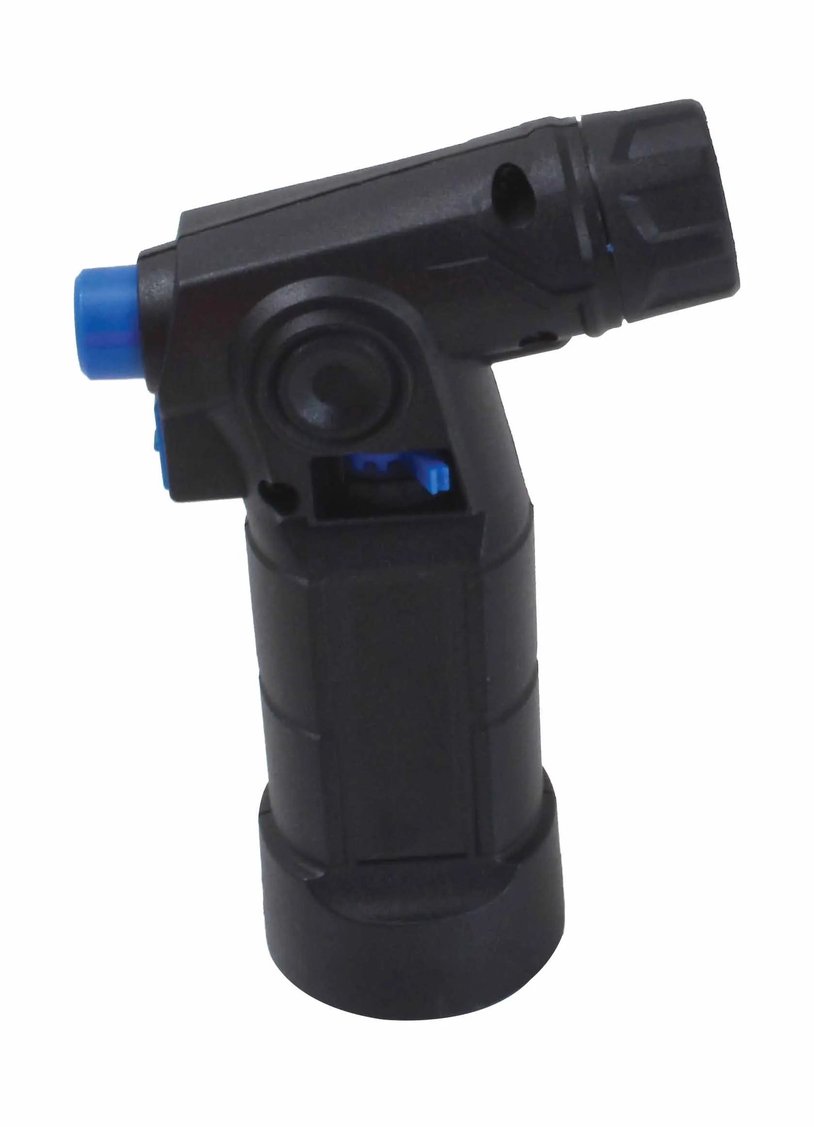 Side view of black mini torch showing knurled nozzle, hinge detail and blue controls