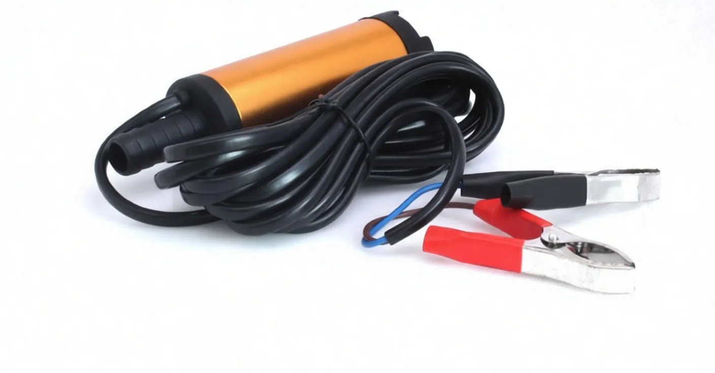 Rear view of orange mini pump with coiled cable, ribbed outlet, exposed wires and alligator clips