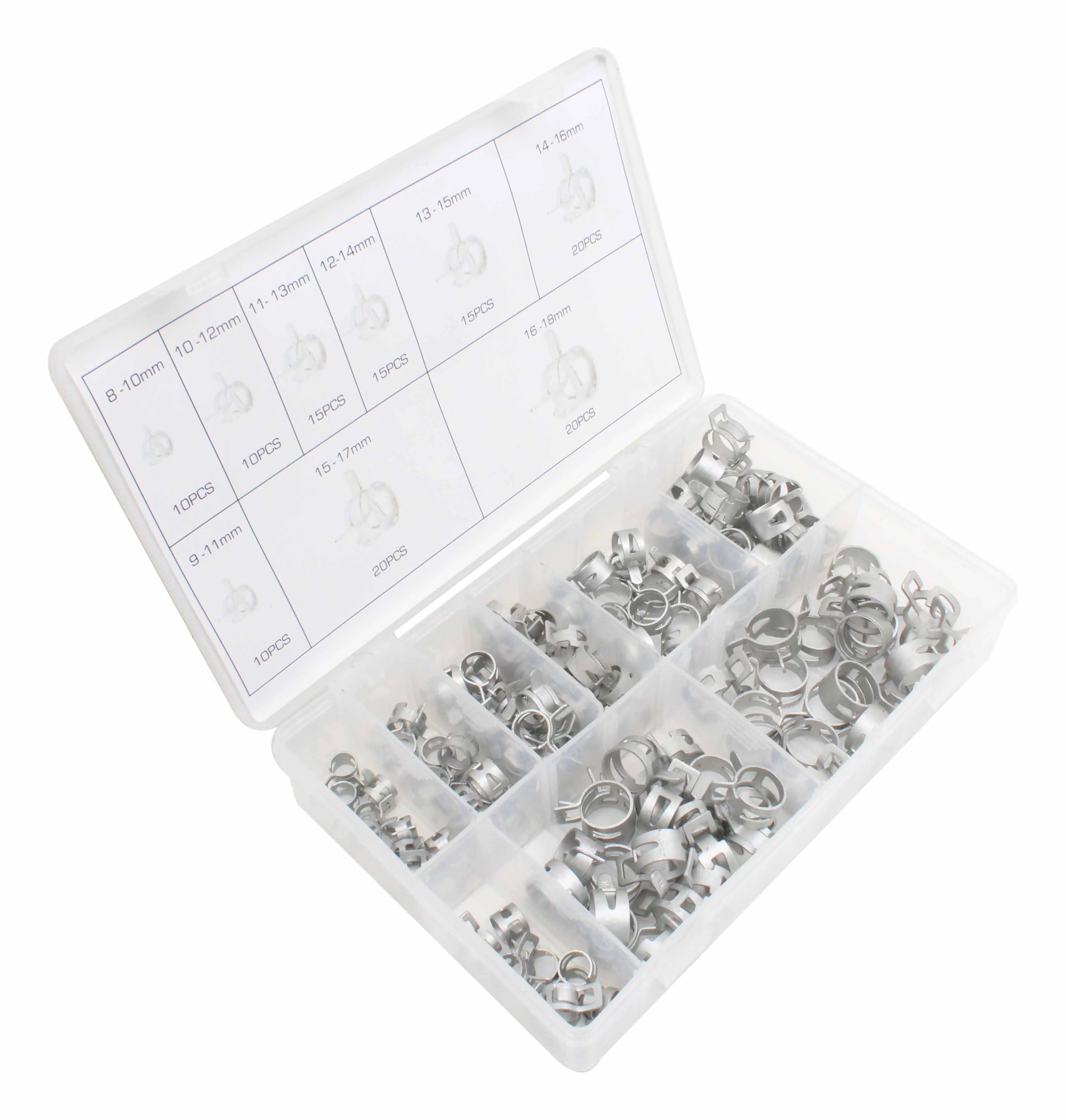 Angled shot of plastic organizer with compartments of silver mini spring hose clamps and labeled lid