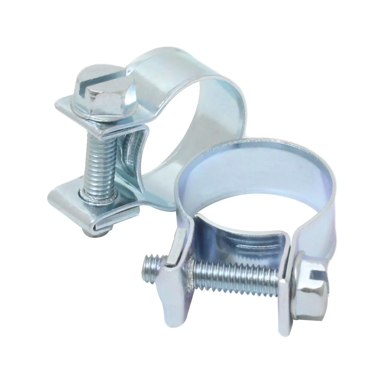 Pair of zinc-plated screw-type mini hose clamps showing threaded bolt and hex/slotted screw head