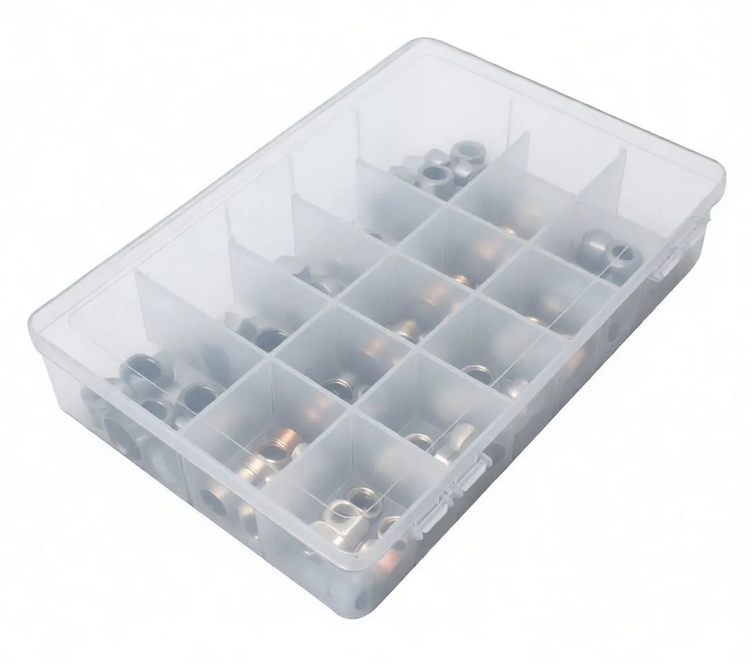 Closed organizer box with label showing ASTA branding, product name, size table and barcode