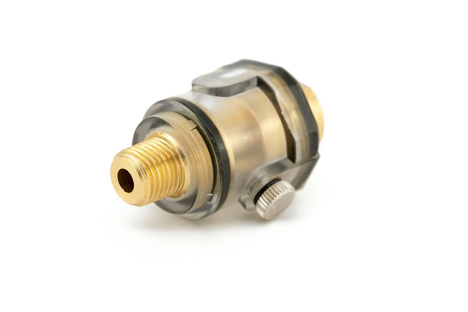 Angled shot of mini air tool lubricator showing brass thread, clear reservoir and side adjustment screw