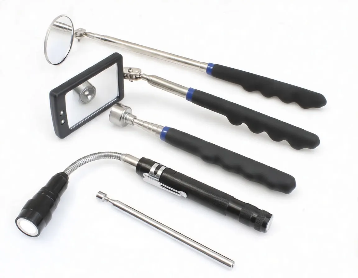 Angled layout of telescoping mirrors, magnifier with LEDs, magnetic pickup heads, pen flashlight and flexible gooseneck torch with black grips