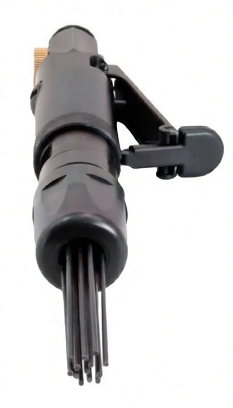 Full side profile of ASTA mini needle scaler with logo, needle bundle, knurled grip, throttle lever and printed text.