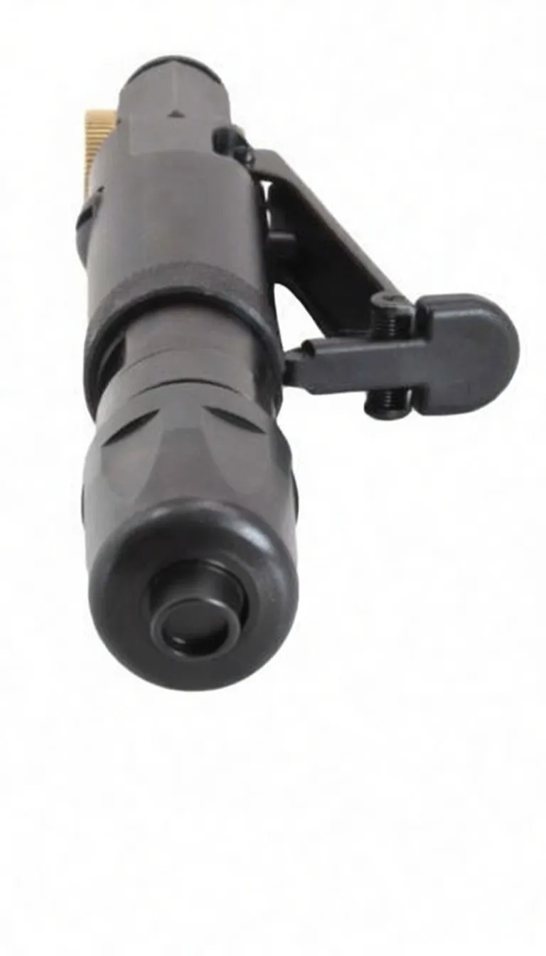 Front view of ASTA mini needle scaler focusing on the bundle of steel needles, nose, logo and throttle lever.