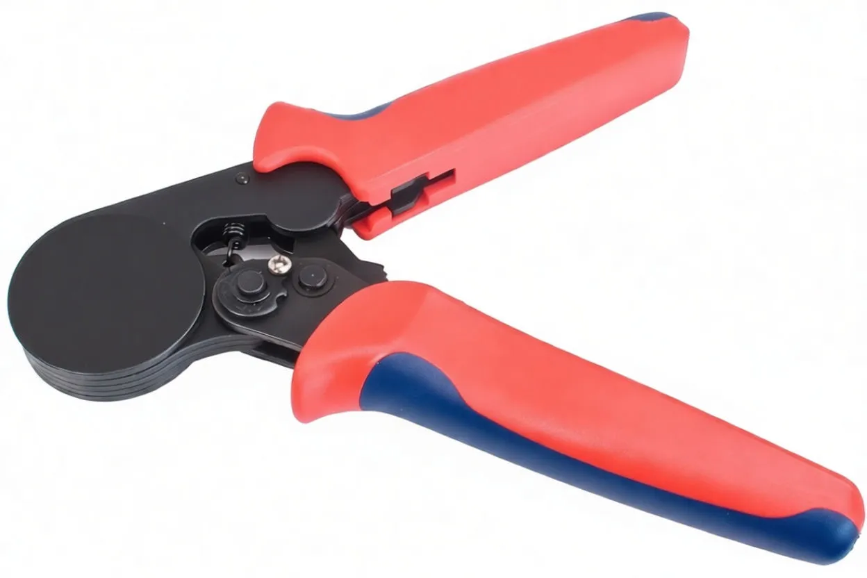 Top-down close-up of ASTA crimping pliers showing star die, spring and printed size/brand markings