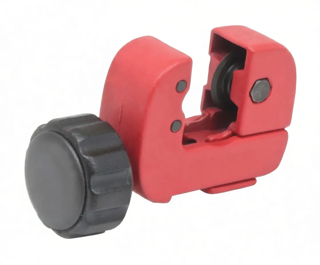 Angled side view of mini tube cutter showing cutting wheel, guide rollers and black adjustment knob