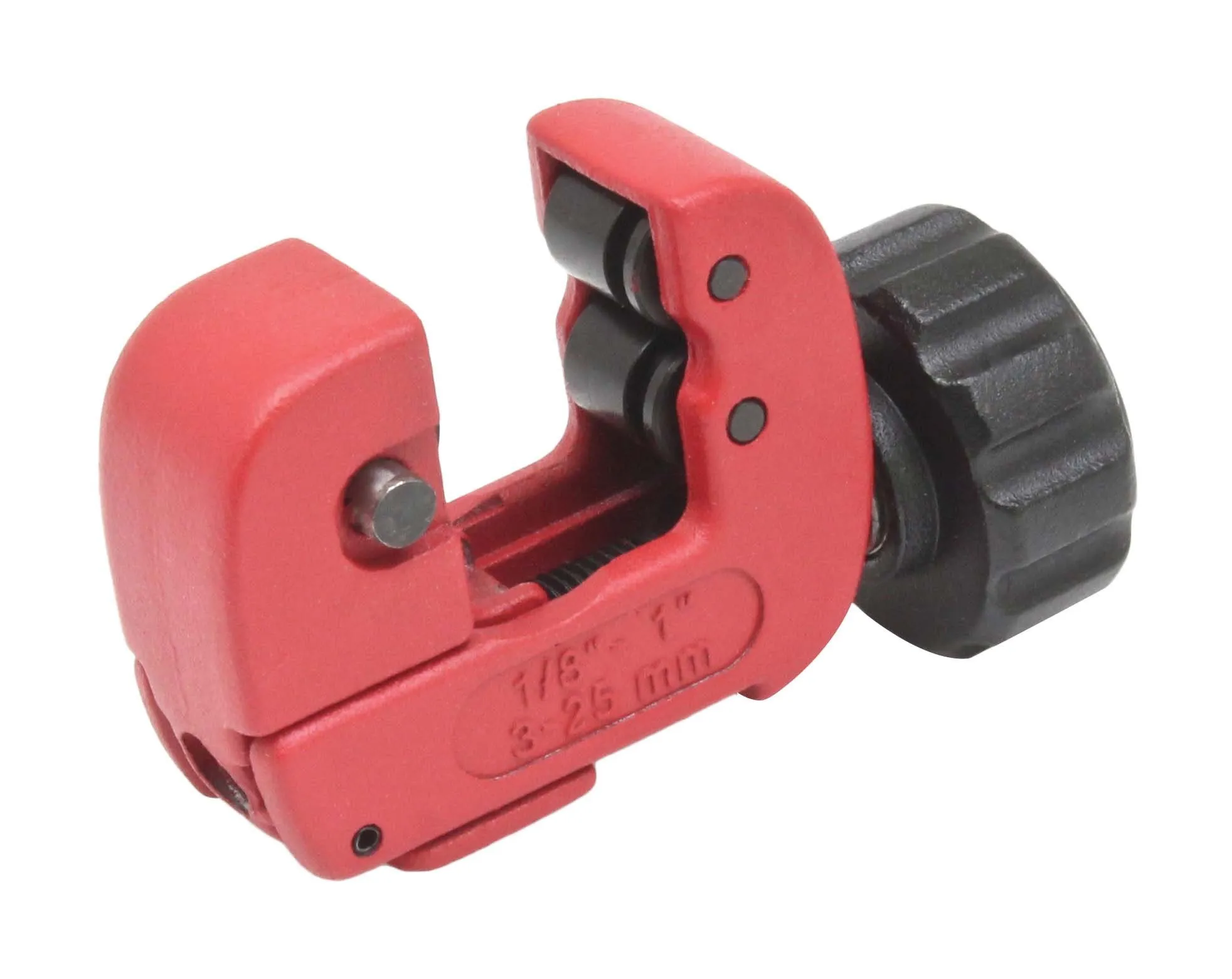 Side view showing size markings 1/8 to 1 inch (3-26 mm) and internal cutting wheel