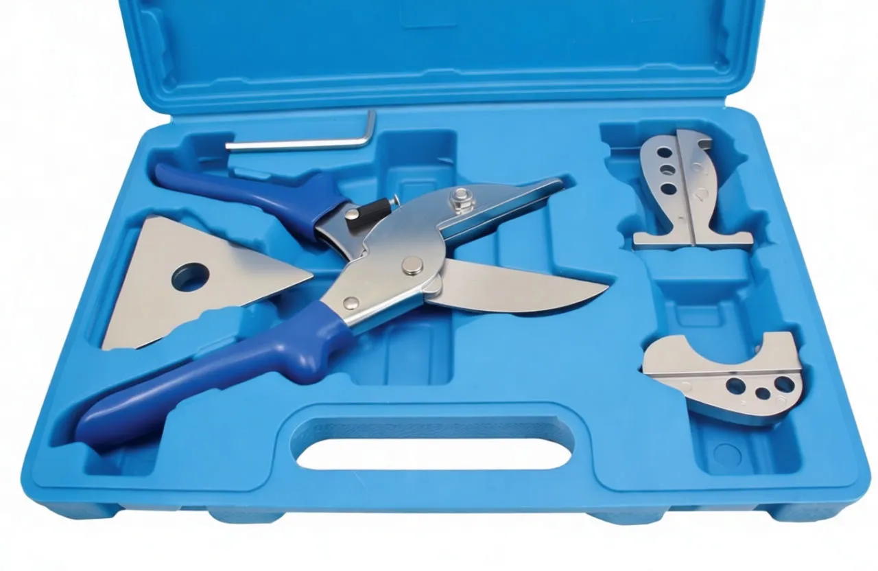 close-up of shears and metal attachments inside blue case