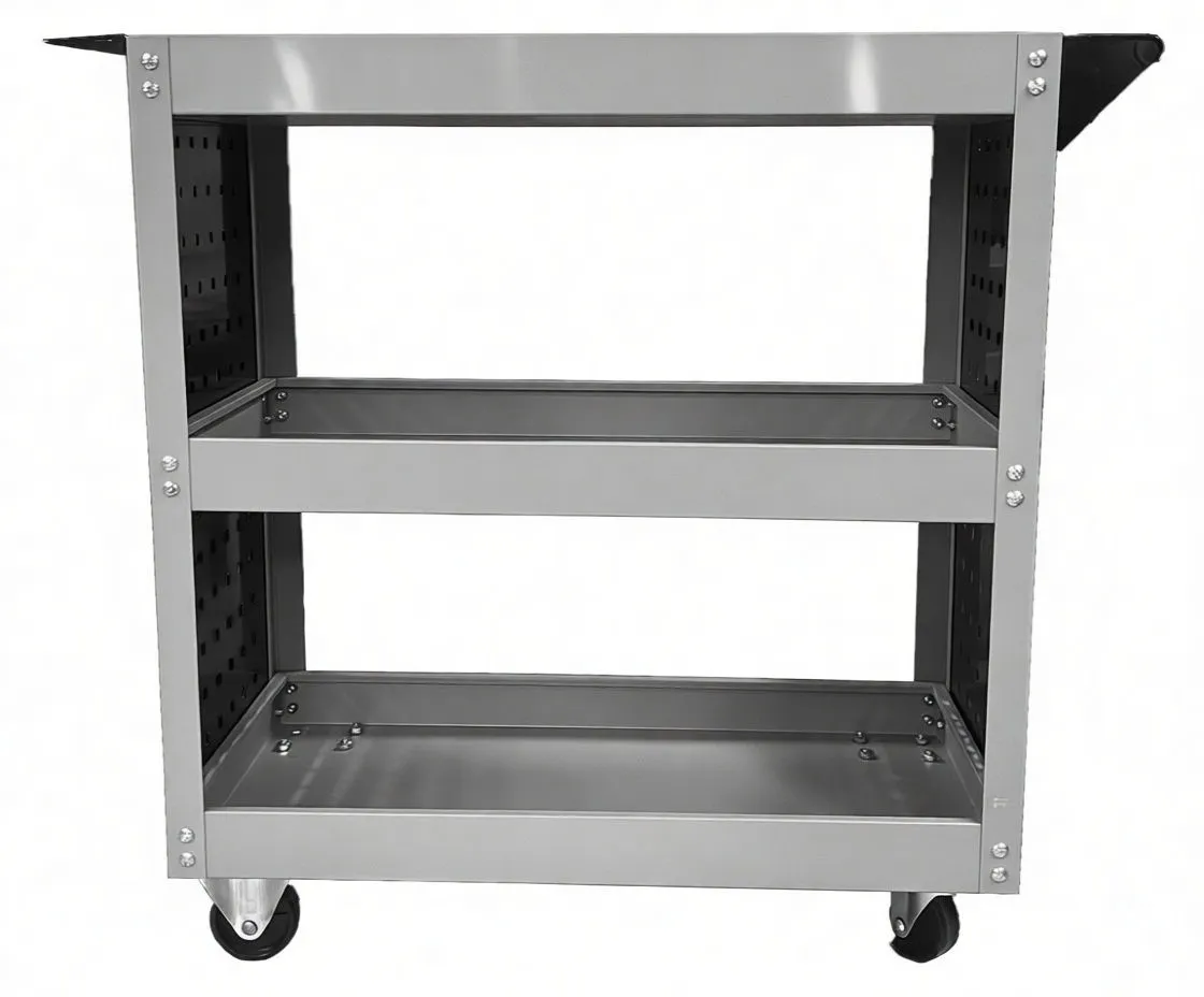 Front view of VISTA three-shelf metal tool cabinet on casters with visible fasteners and perforated side panels