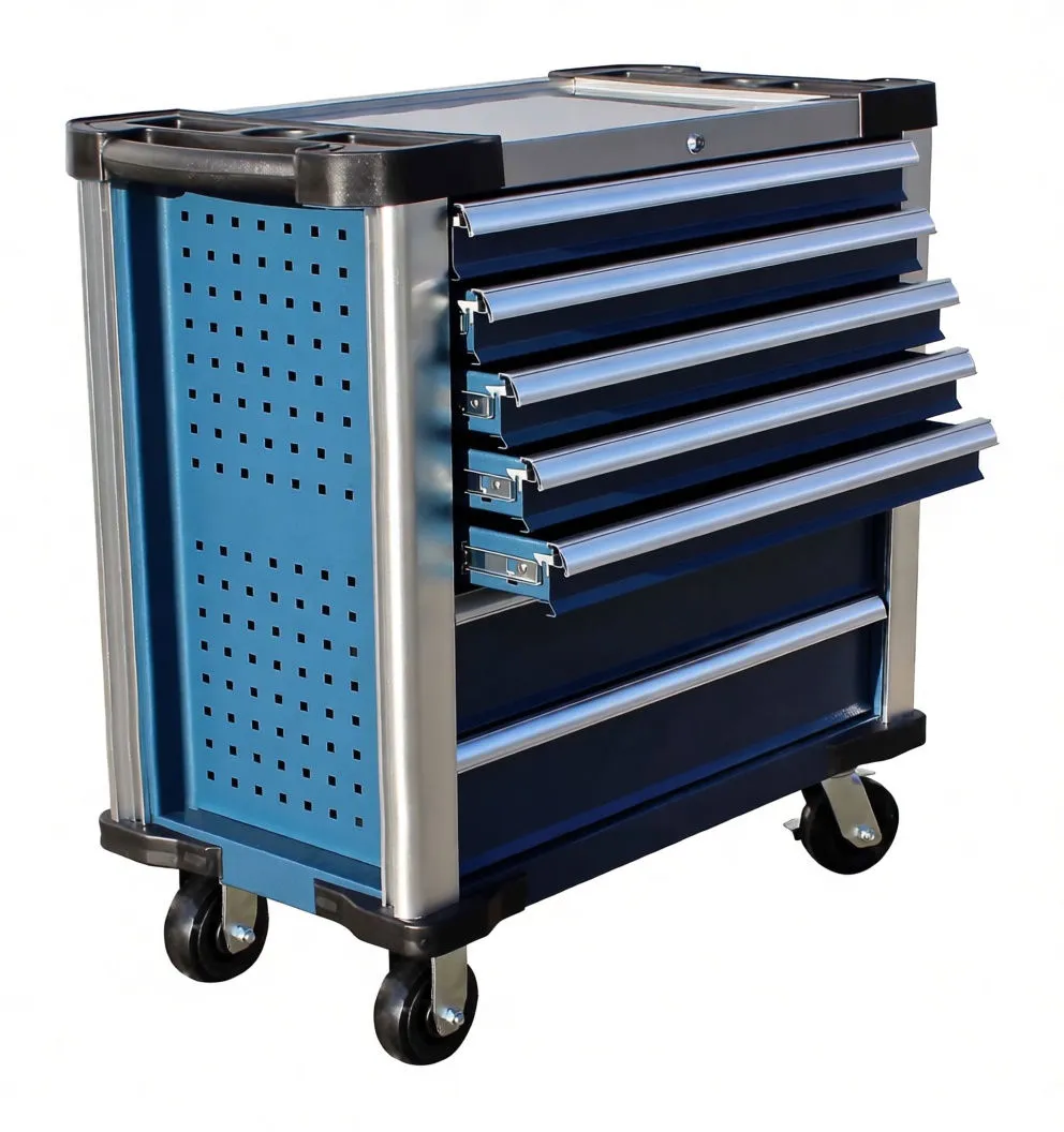 Tool cabinet with multiple drawers extended, showing drawer slides and ASTA-branded rails