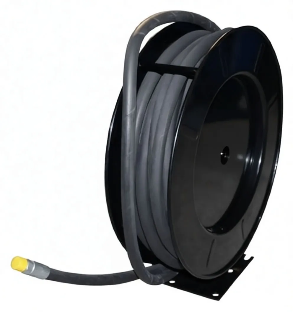 Black hose reel with coiled SAE-marked hose, brass swivel and yellow capped hose end