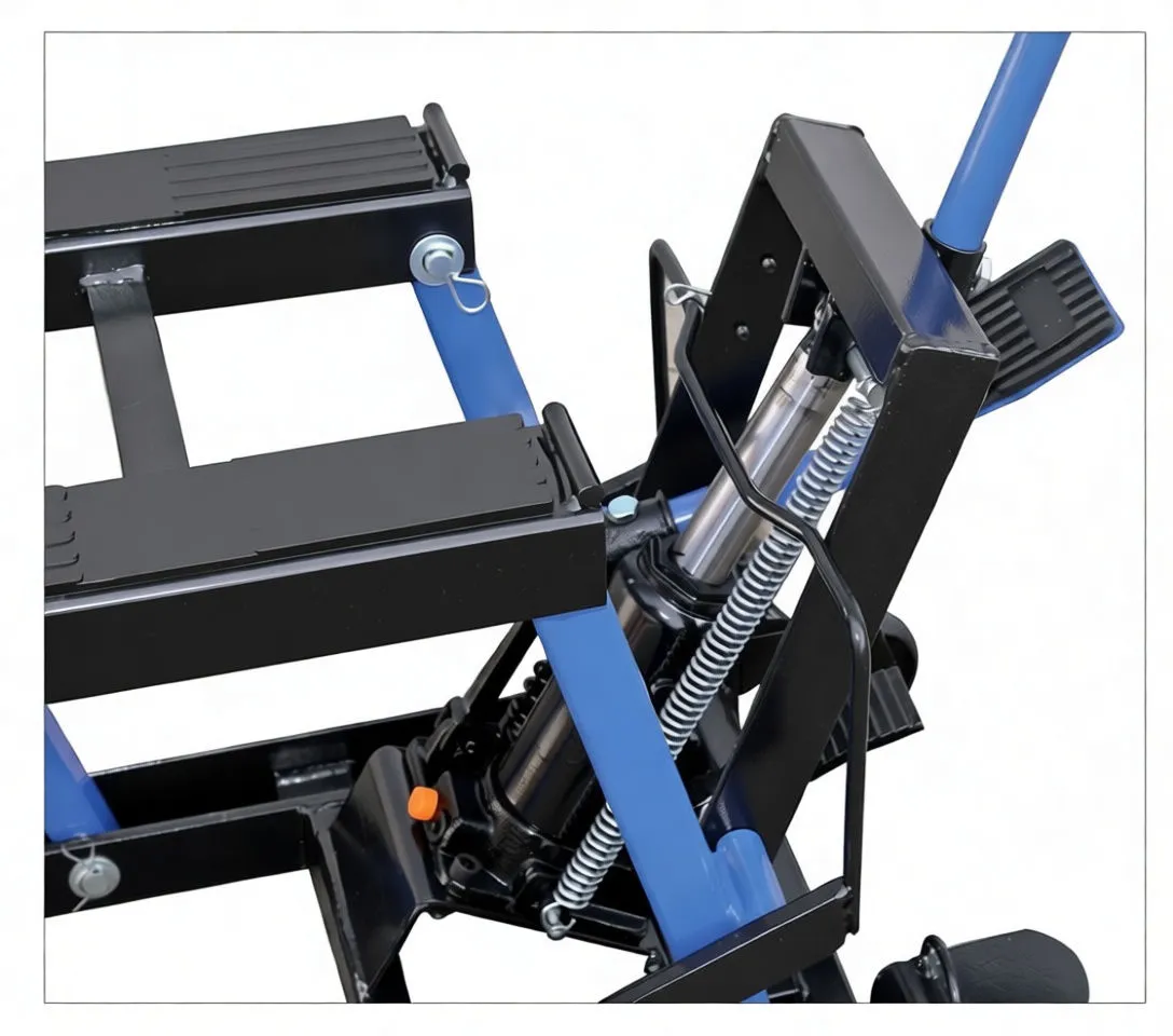 Front view of motorcycle lift bench showing centered handle, twin platforms, rollers and hydraulic linkage