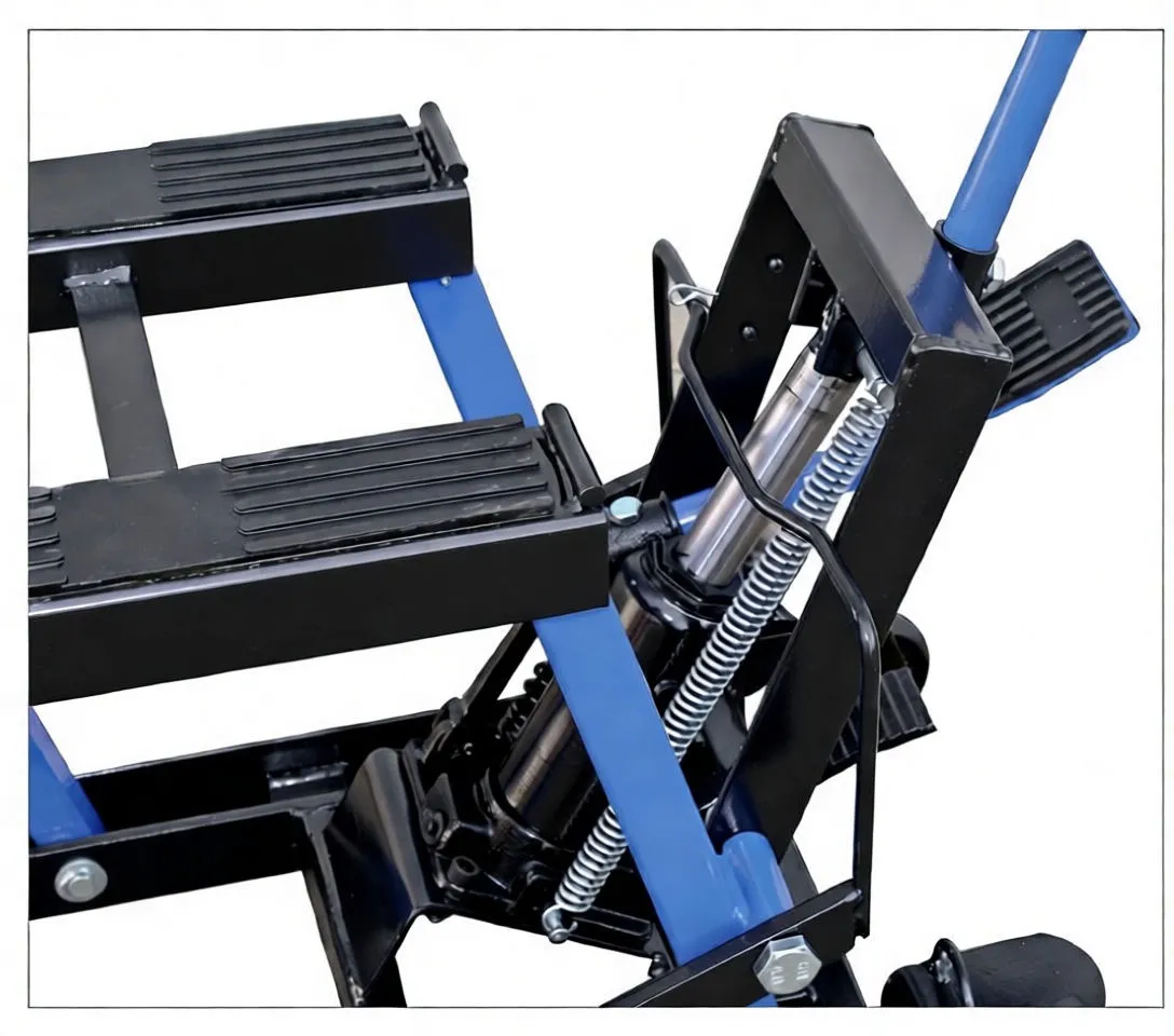 Side view of motorcycle lift bench with extended handle, casters and rubber wheel platforms