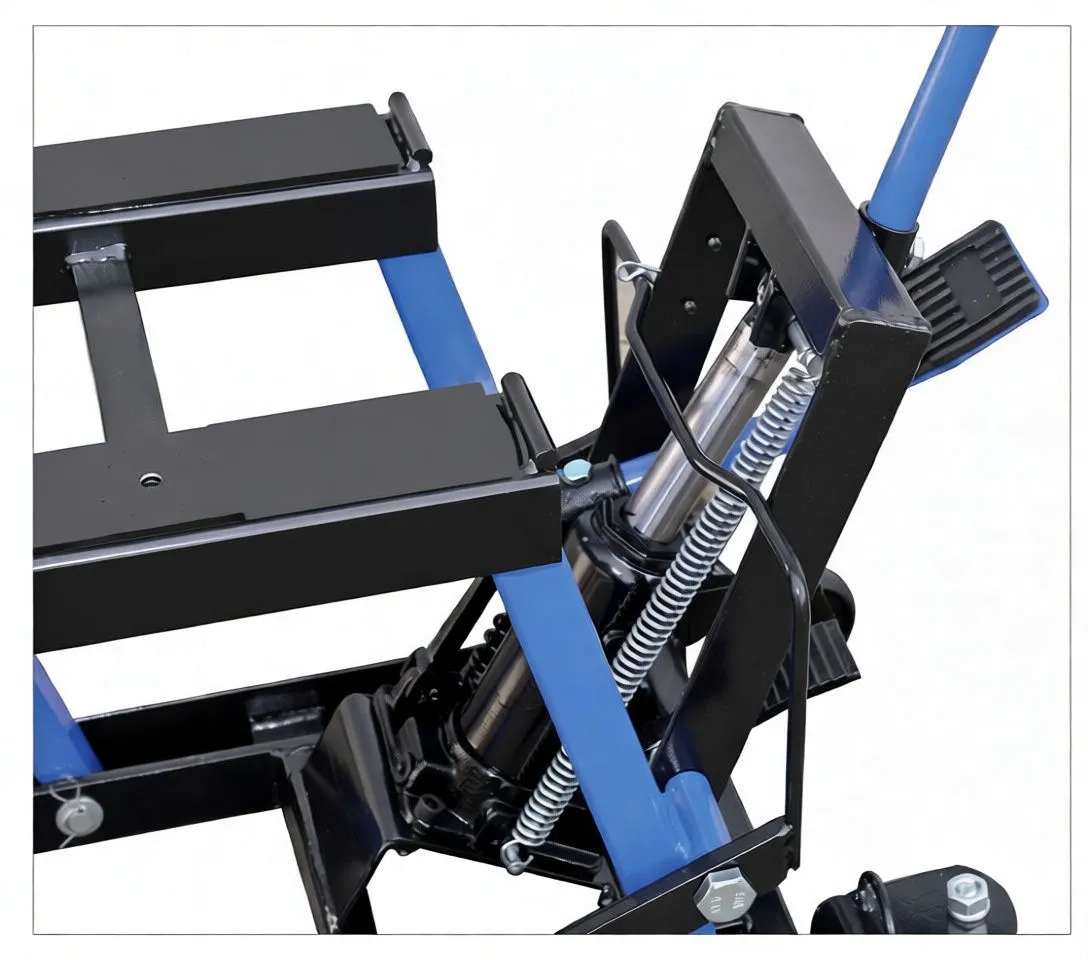 Rear-left angled view of motorcycle lift bench showing scissor supports, rubber platforms and casters