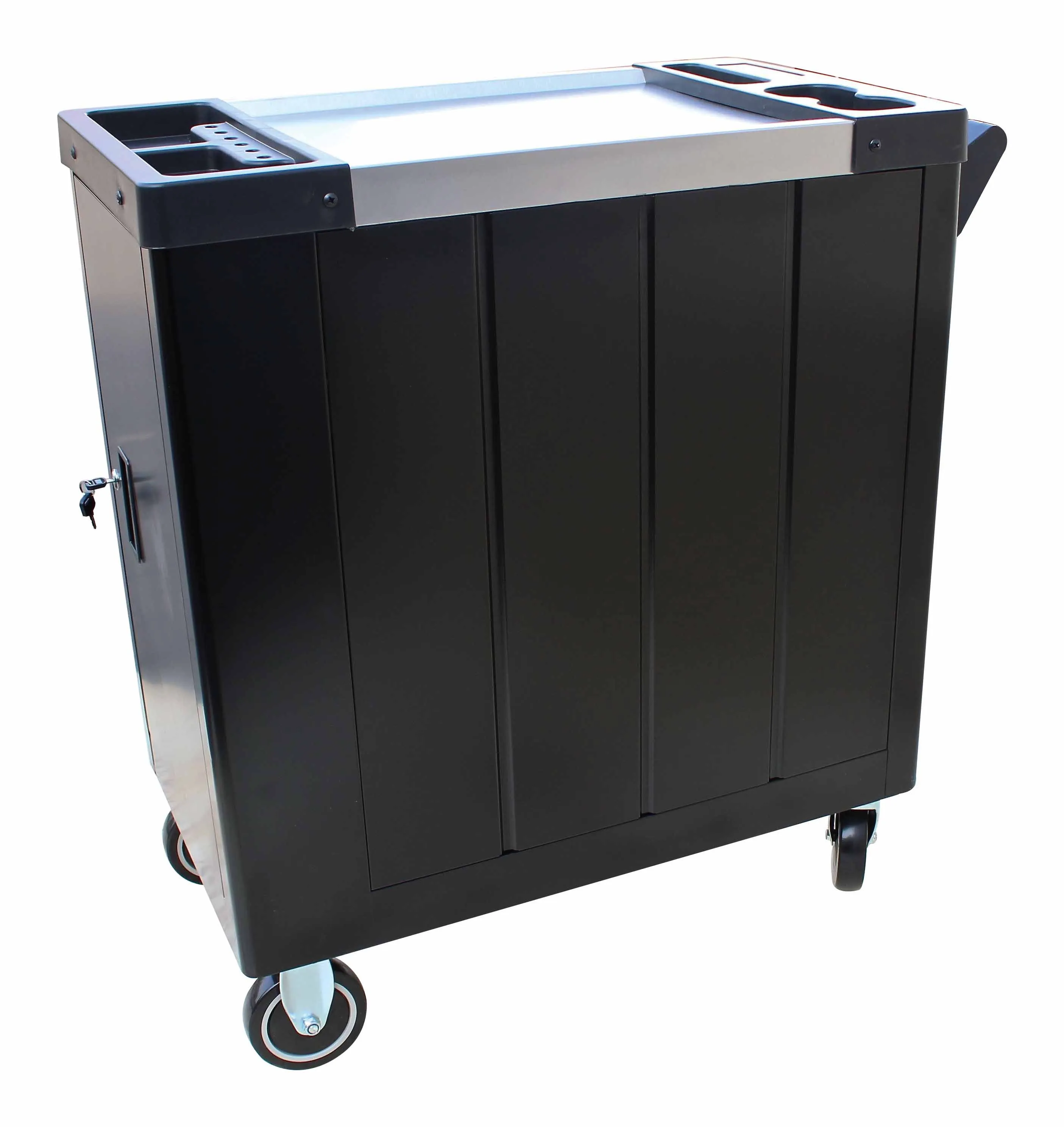 Rear view of black 7-drawer tool cabinet showing back panel, top tray, side handle and rear casters.