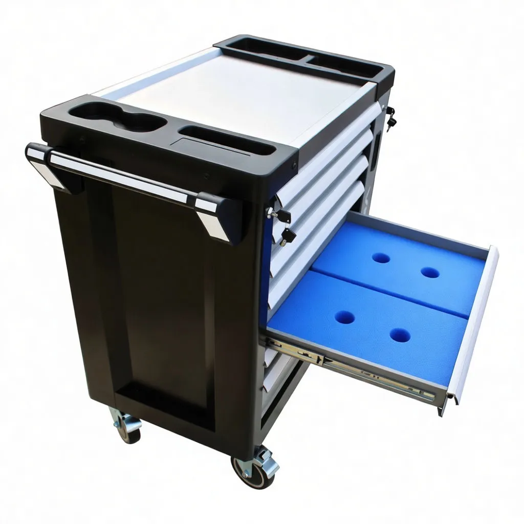 Drawer open showing pliers, cutters and adjustable wrenches in foam insert of tool cabinet.