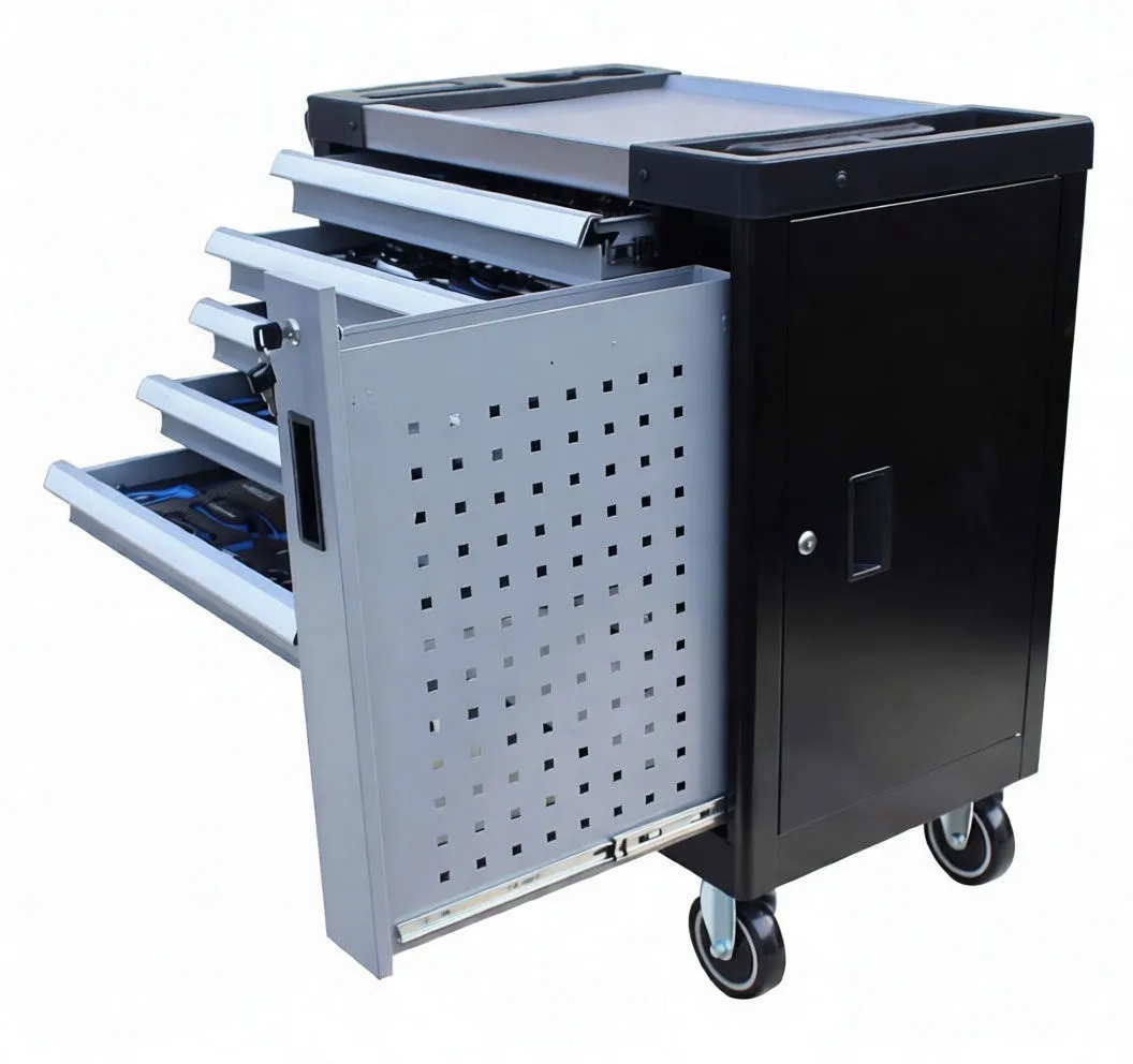 Side view with perforated slide-out pegboard and multiple drawers open showing foam tool trays; side door locked.