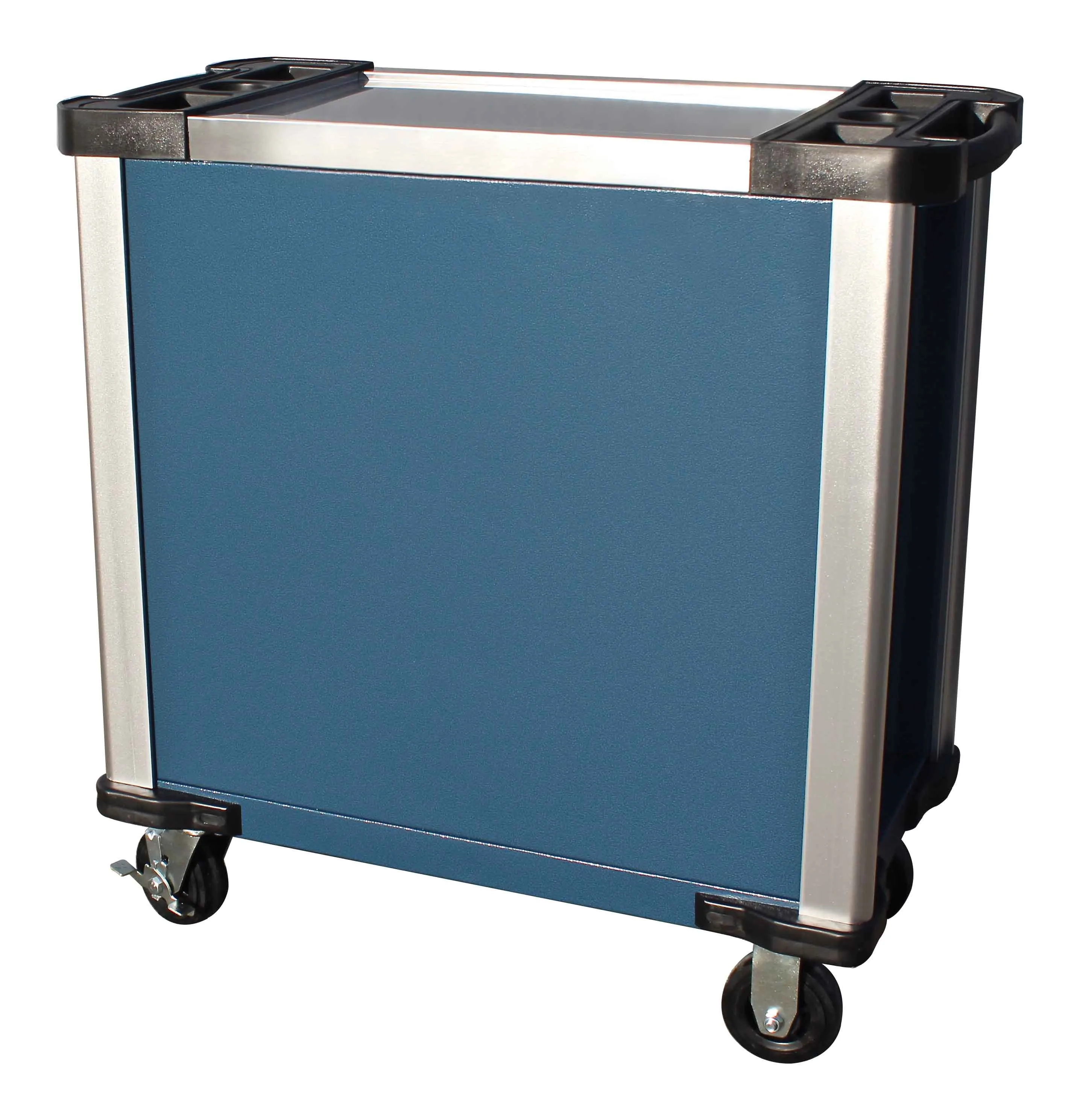 Rear view of blue rolling tool cabinet with plain back panel, top trays and casters