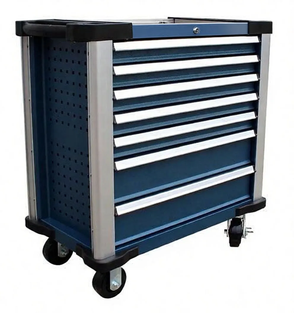 Angled view showing perforated side panel and stacked drawers of blue tool cabinet on wheels