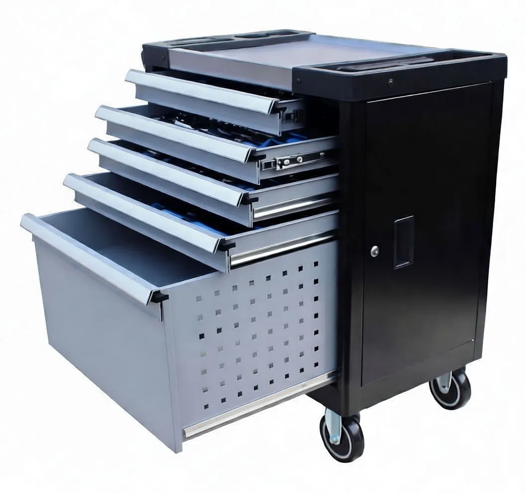 Open drawer containing assorted hand tools, chisels, bits and maintenance accessories in foam organizer.