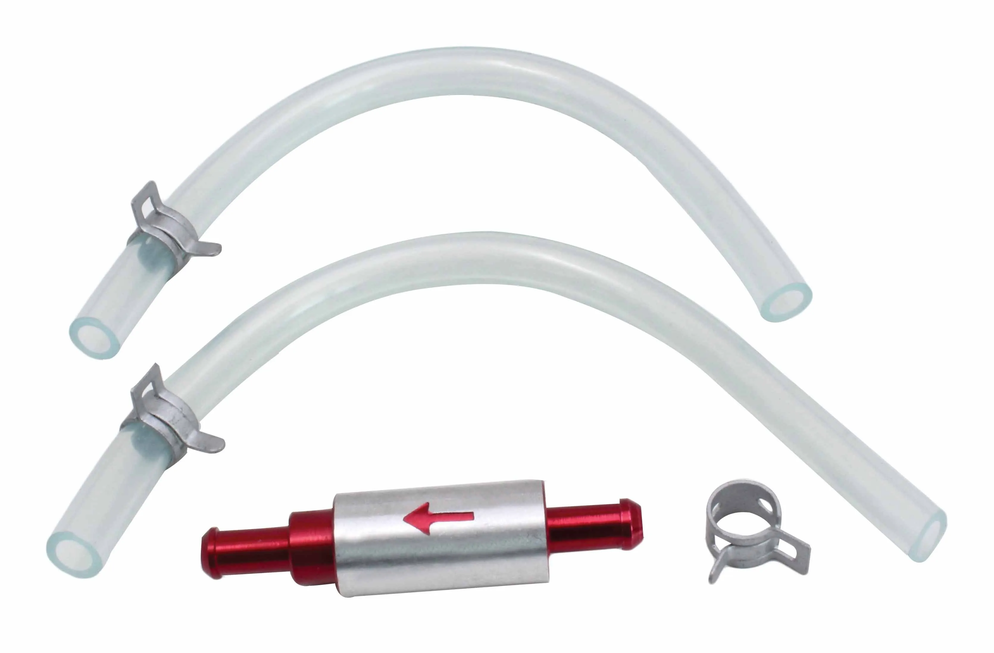 Top view of brake bleeder kit: two clear hoses with clamps, inline silver valve with red ends and red arrow, and an extra metal clamp.