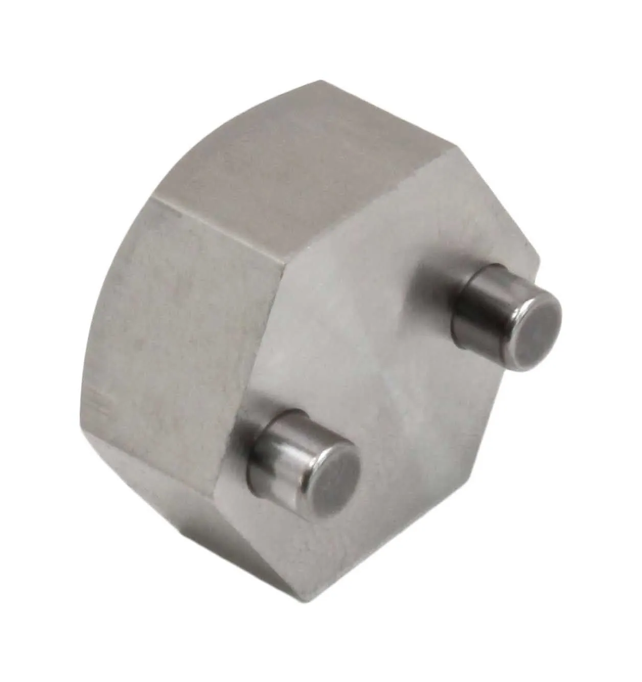 Rear angled view of hexagonal tool showing two cylindrical pins protruding from back