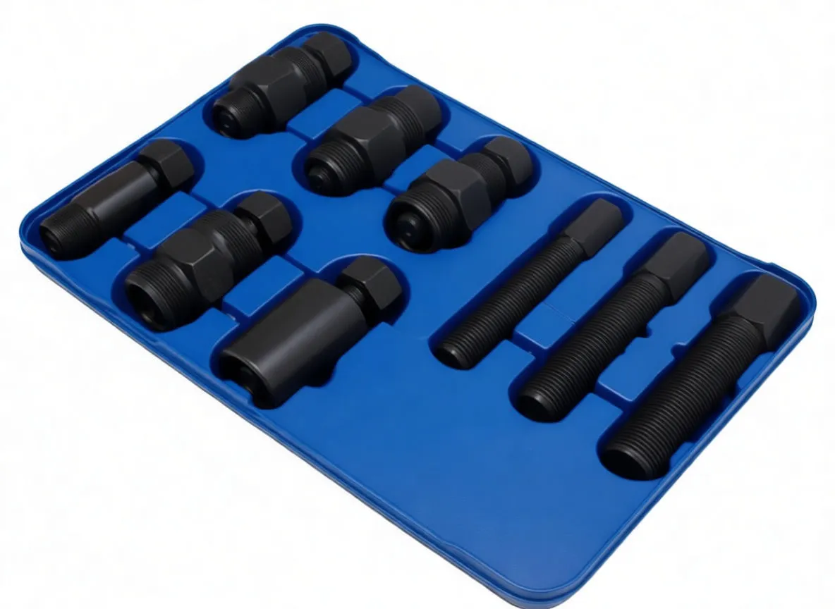 Close overhead view of blue case interior with five cylindrical pullers, three long threaded bolts and a central adapter in molded recesses.