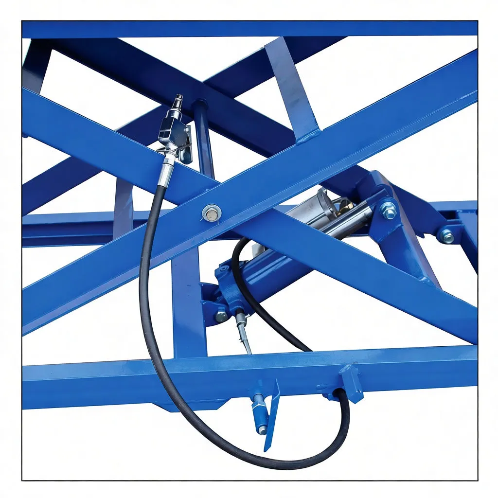 Detail of scissor arms, hydraulic cylinder and hose with fittings and warning label on blue lift
