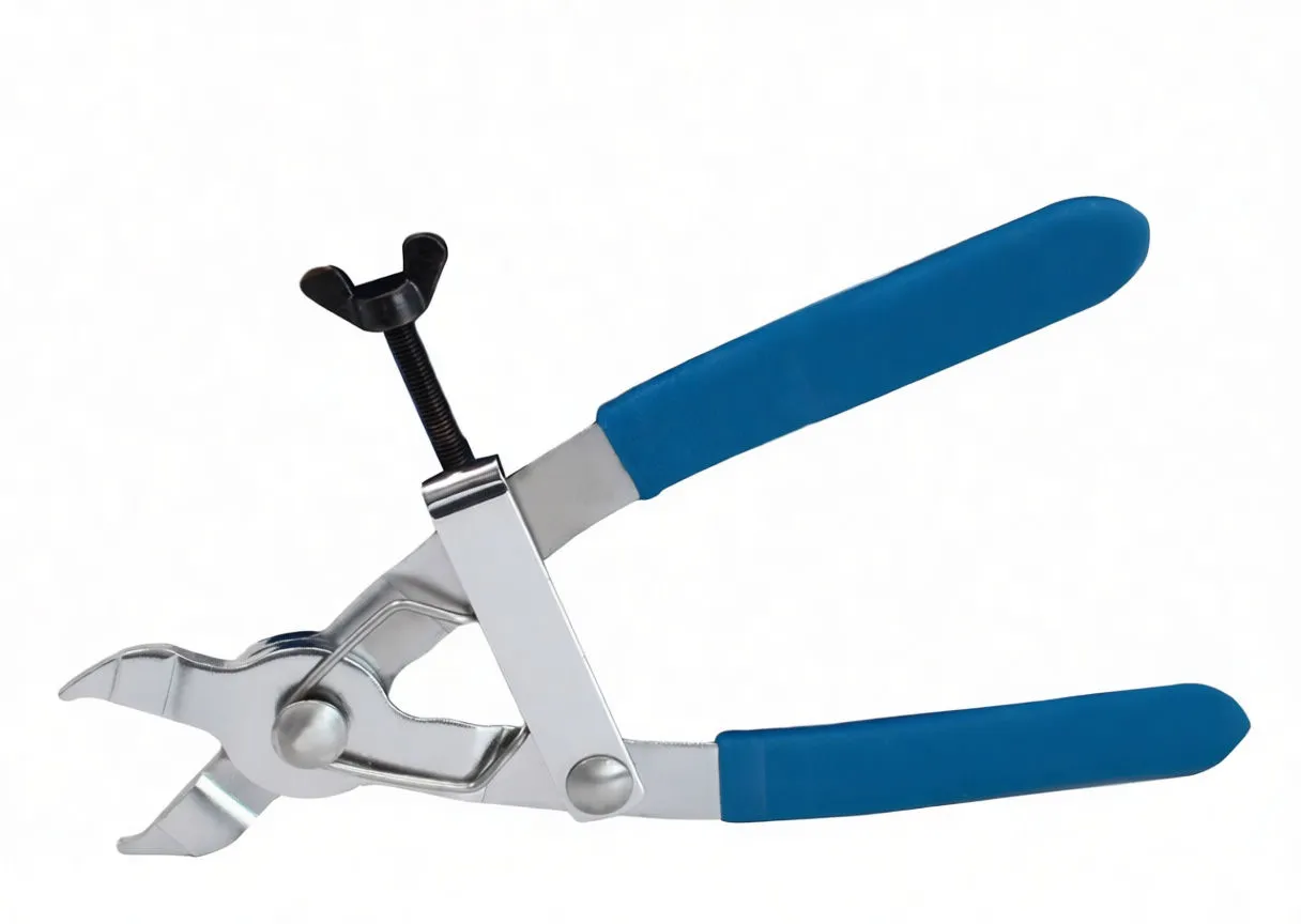 Side view of chrome master link pliers with blue handles, notched jaws and wing‑nut adjustment