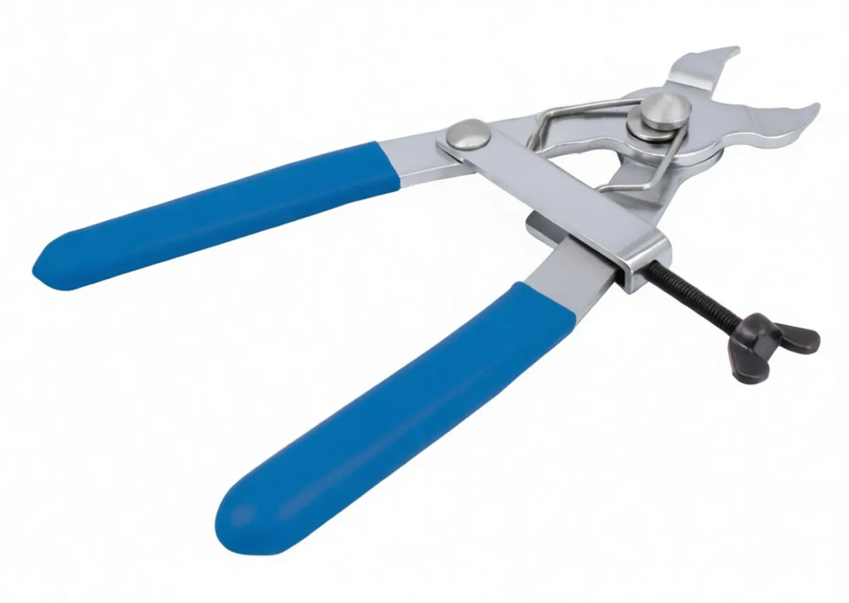 Angled shot of master link pliers with blue grips, notched jaws and adjustable wing‑nut screw