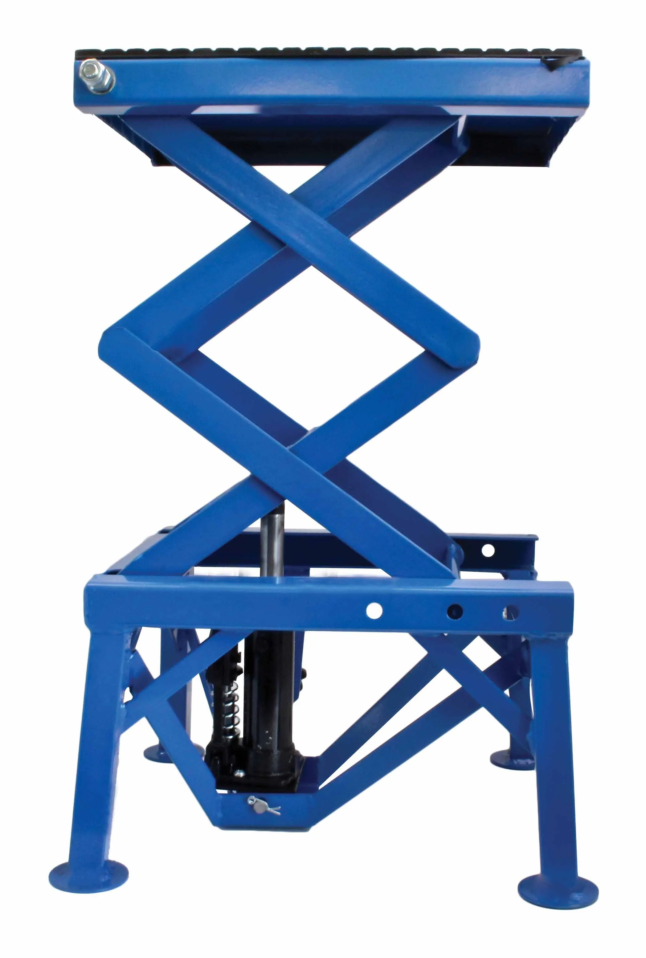 Side view of blue scissor-style motorcycle lift fully extended showing X-arms, piston and four foot pads
