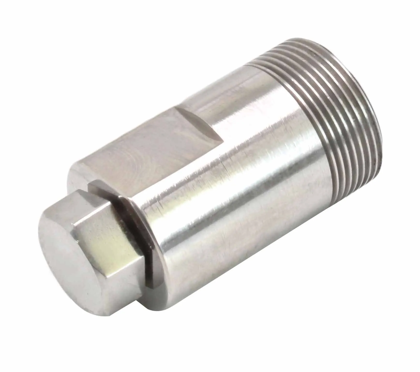 Side-angled view of the clutch hub puller emphasizing hex drive, slot, machined flats and threaded end.