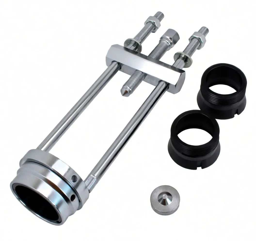 Bearing extractor tool disassembled: chrome two-rod puller, crossbar with bolts, two black threaded collars and a small metal cone
