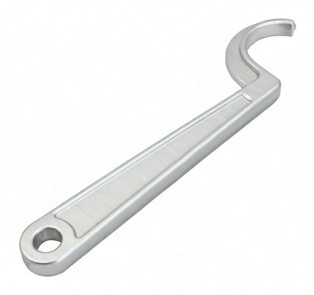 Side profile of flat silver valve shim tool with C‑shaped hook and hanging hole