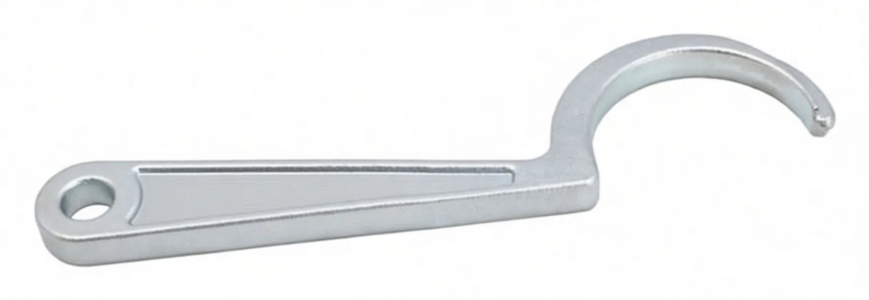 Side view of silver valve shim tool showing full length handle and C-shaped hook with tip notch