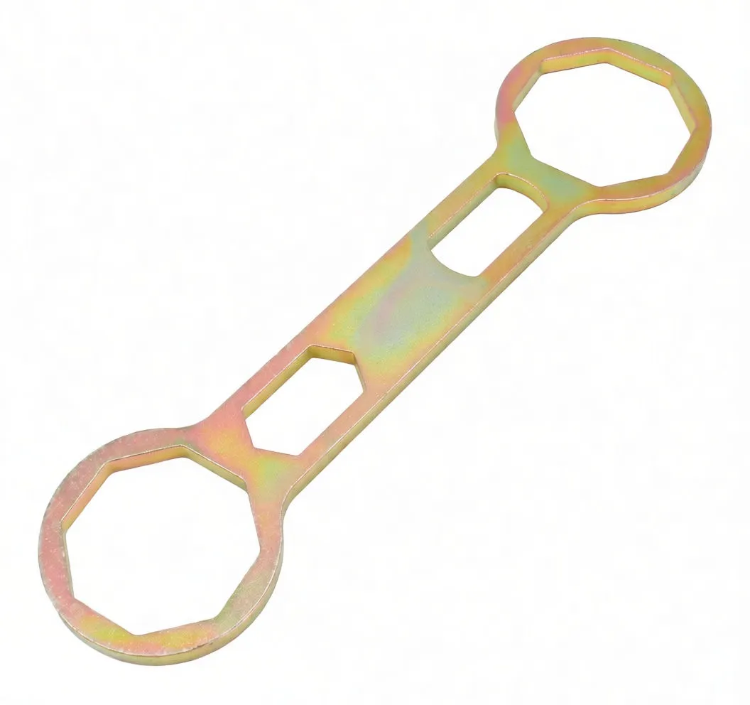 Flat top-down image of a twin-chamber cap wrench showing 46mm and 50mm octagonal ends, rectangular cutouts in the handle, and ASTA branding