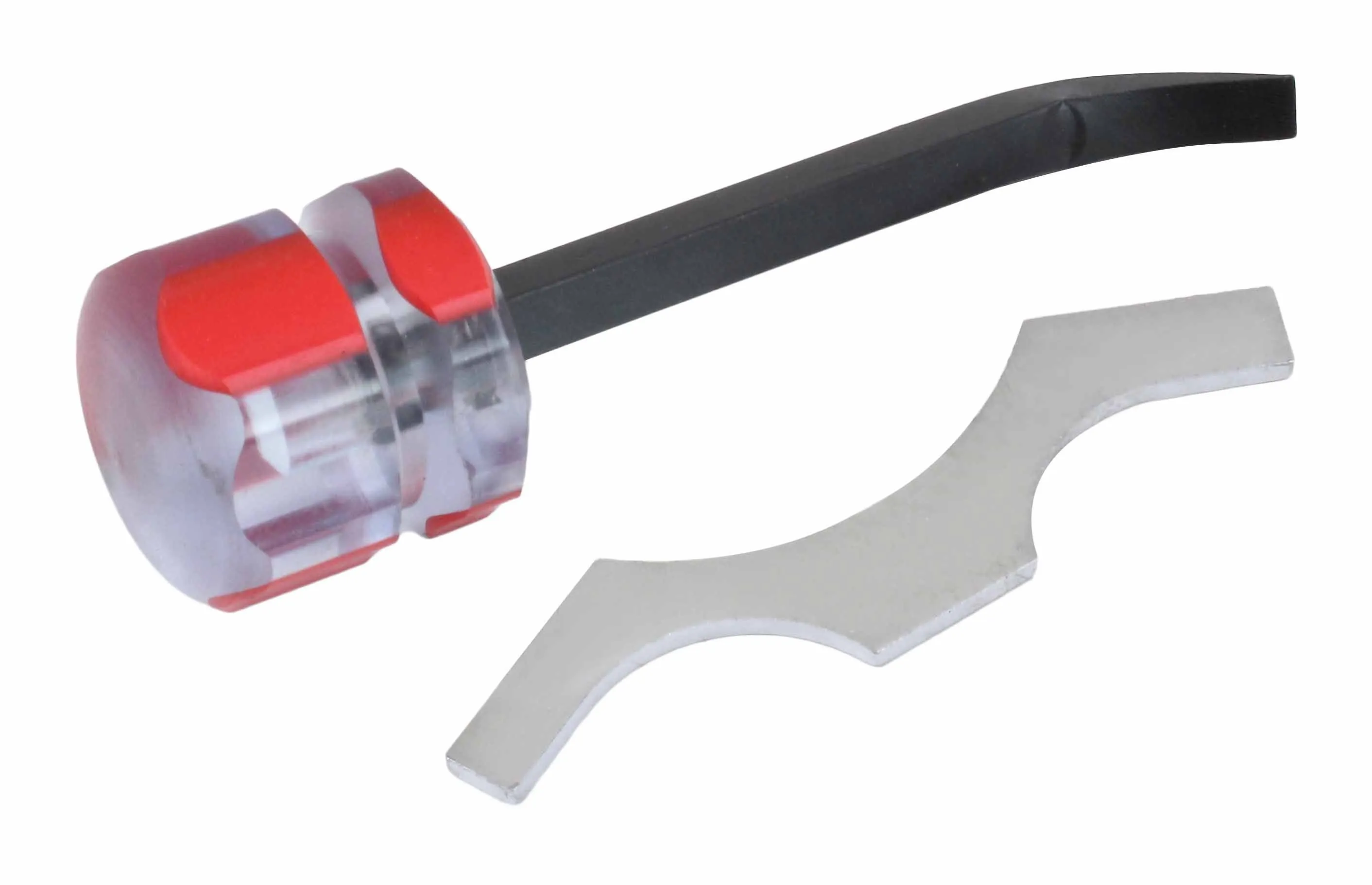 Horizontal image of a valve shim removal tool with translucent handle and bent black shaft, placed above a chrome crescent-shaped shim plate with two cutouts.