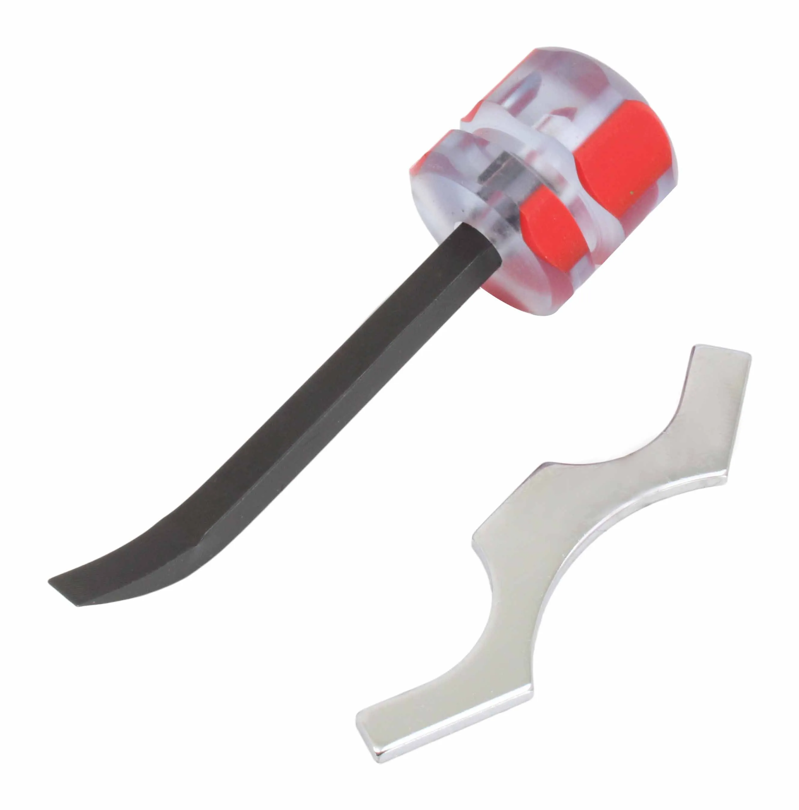 Angled view of a valve shim tool with a clear/red handle and long bent black shaft marked 'ASIA', lying next to a shiny U-notched metal shim.