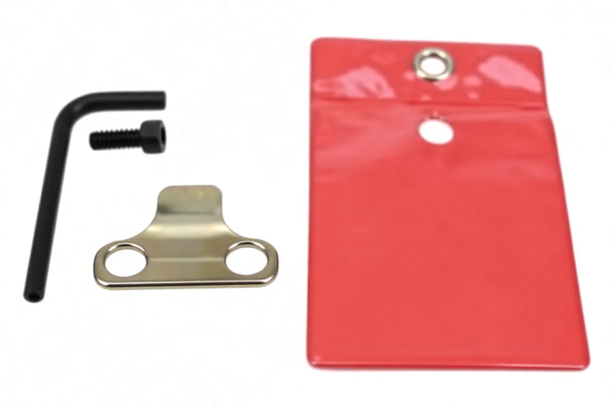 Close-up of valve shim tool: red vinyl pouch with eyelet, zinc-plated bracket with tab and stamped text, black socket cap screw, and L-shaped Allen wrench