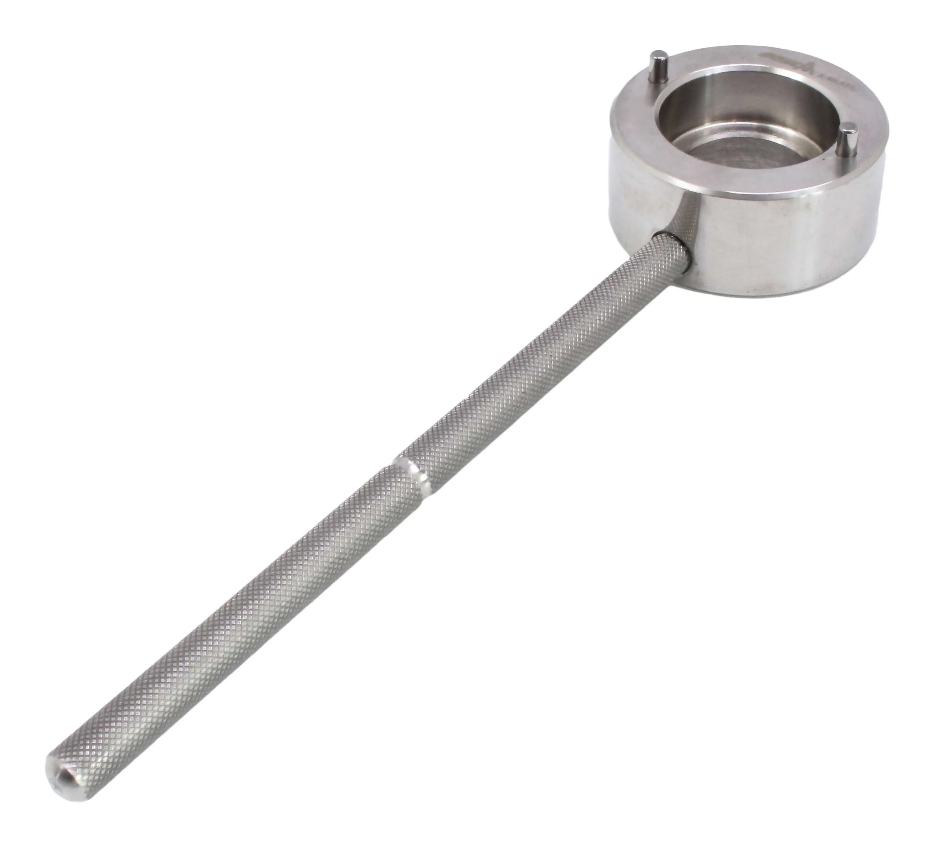 Diagonal view of locking ring tool highlighting knurled shaft, weld joint and circular collar with two pins