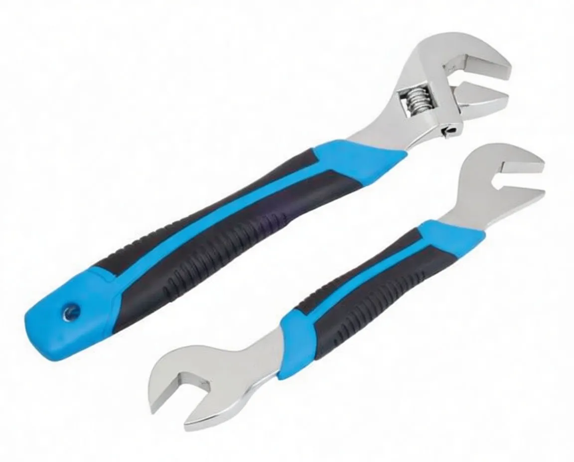 Two adjustable wrenches top view showing jaws and textured blue-black handles