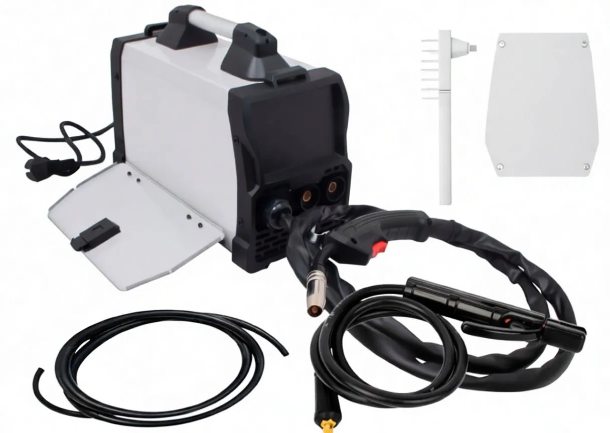 Right-front view of saTra welding machine with knobs and display, coiled torch cable, ground clamp and welding mask accessory.